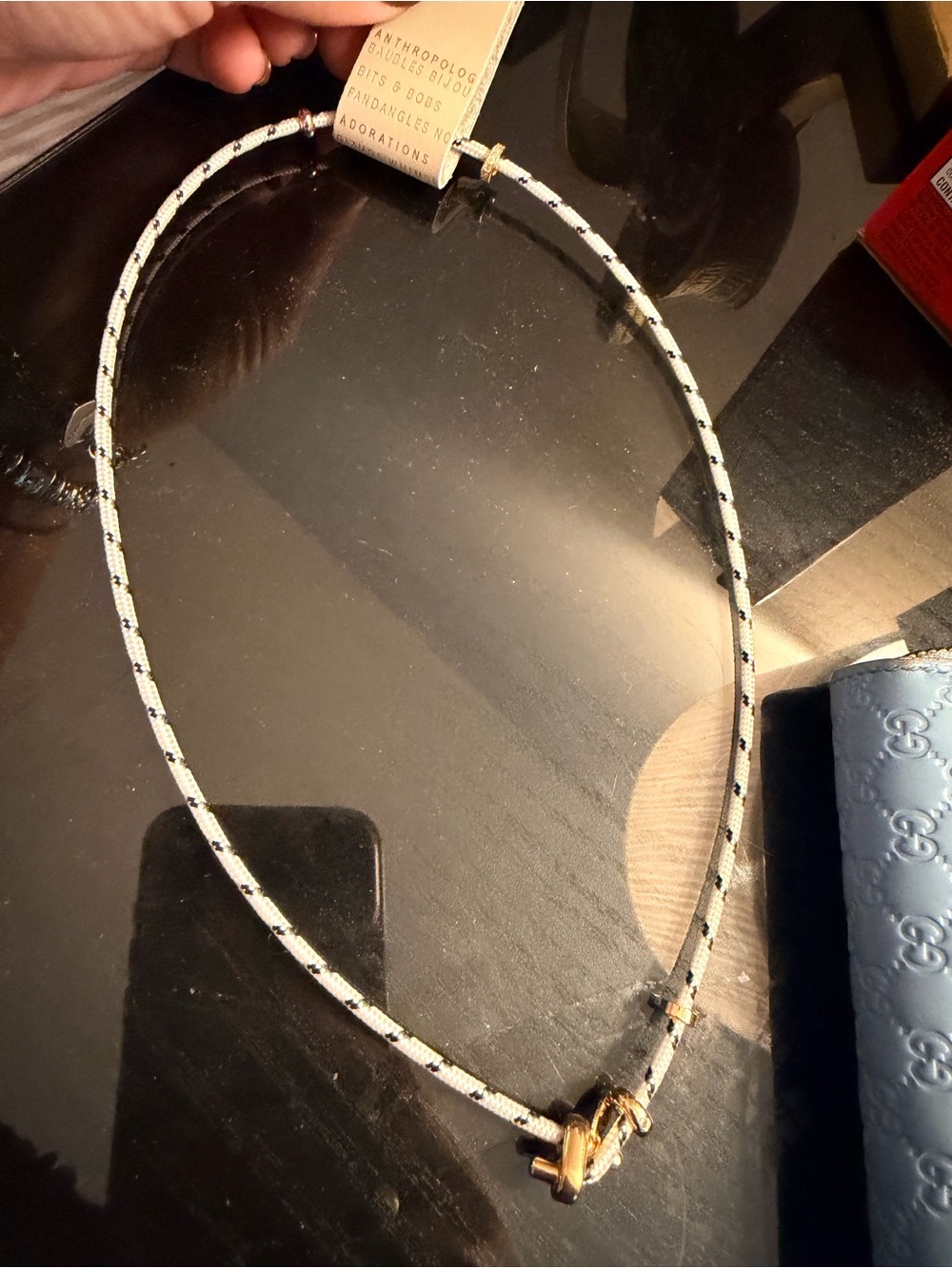 Anthropologie White Rope Necklace with Black and Gold-Tone Clasp